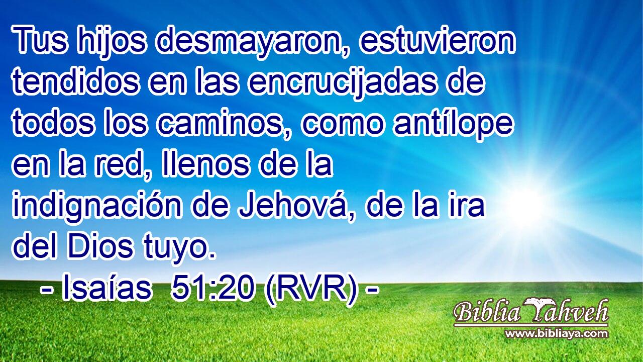 Tus hijos desmayaron, estuvieron tendidos en las encrucijadas de todos los caminos, como antílope en la red, llenos de la indignación de Jehová, de la ira del Dios tuyo.