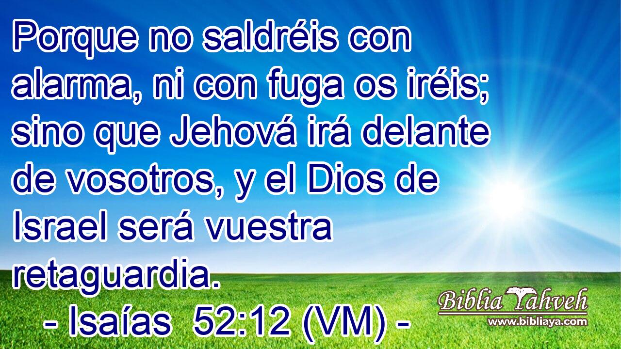  Porque no saldréis con alarma, ni con fuga os iréis; sino que Jehová irá delante de vosotros, y el Dios de Israel será vuestra retaguardia. 