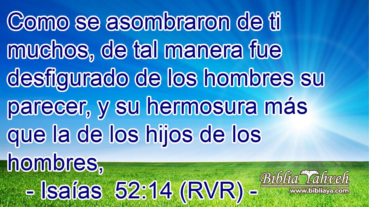 Como se asombraron de ti muchos, de tal manera fue desfigurado de los hombres su parecer, y su hermosura más que la de los hijos de los hombres,