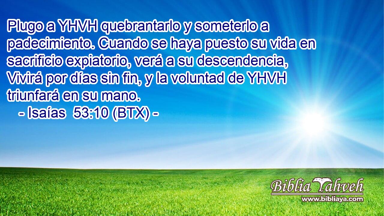 Plugo a YHVH quebrantarlo y someterlo a padecimiento. Cuando se haya puesto su vida en sacrificio expiatorio, verá a su descendencia, Vivirá por días sin fin, y la voluntad de YHVH triunfará en su mano.