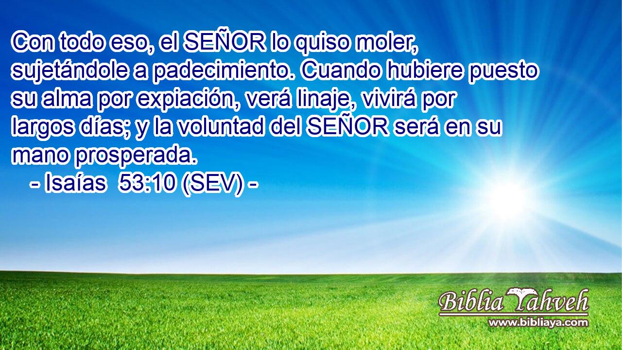 Con todo eso, el SEÑOR lo quiso moler, sujetándole a padecimiento. Cuando hubiere puesto su alma por expiación, verá linaje, vivirá por largos días; y la voluntad del SEÑOR será en su mano prosperada.
