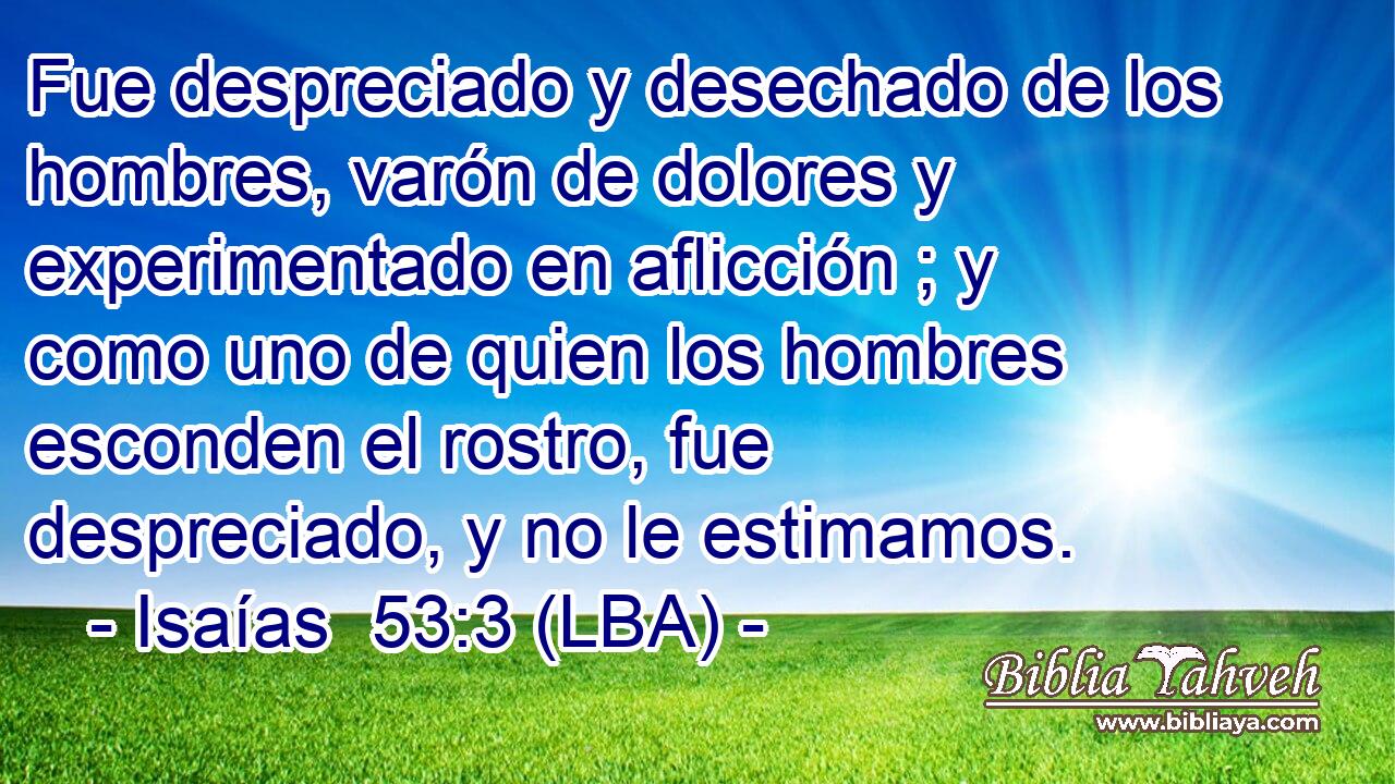 Fue despreciado y desechado de los hombres, varón de dolores y experimentado en aflicción ; y como uno de quien los hombres esconden el rostro, fue despreciado, y no le estimamos.
