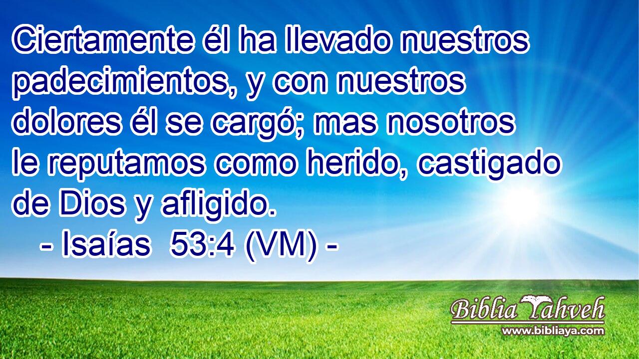  Ciertamente él ha llevado nuestros padecimientos, y con nuestros dolores él se cargó; mas nosotros le reputamos como herido, castigado de Dios y afligido. 