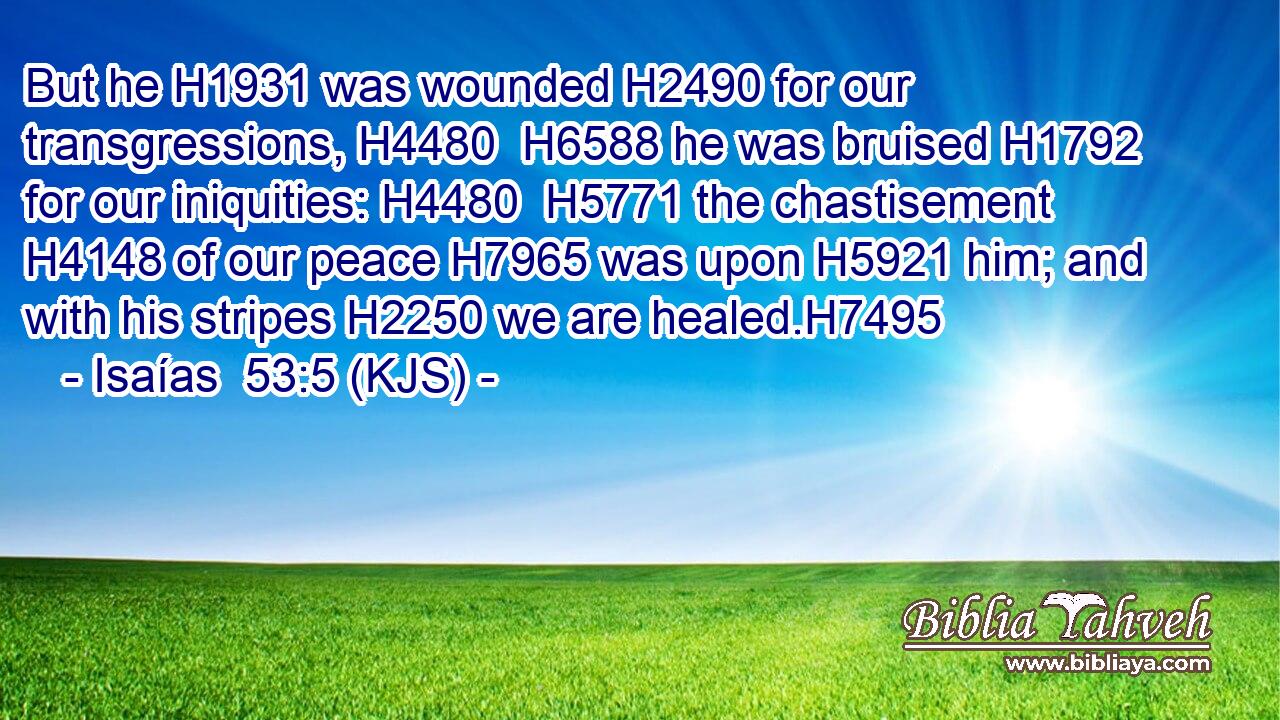 But he H1931 was wounded H2490 for our transgressions, H4480  H6588 he was bruised H1792 for our iniquities: H4480  H5771 the chastisement H4148 of our peace H7965 was upon H5921 him; and with his stripes H2250 we are healed.H7495