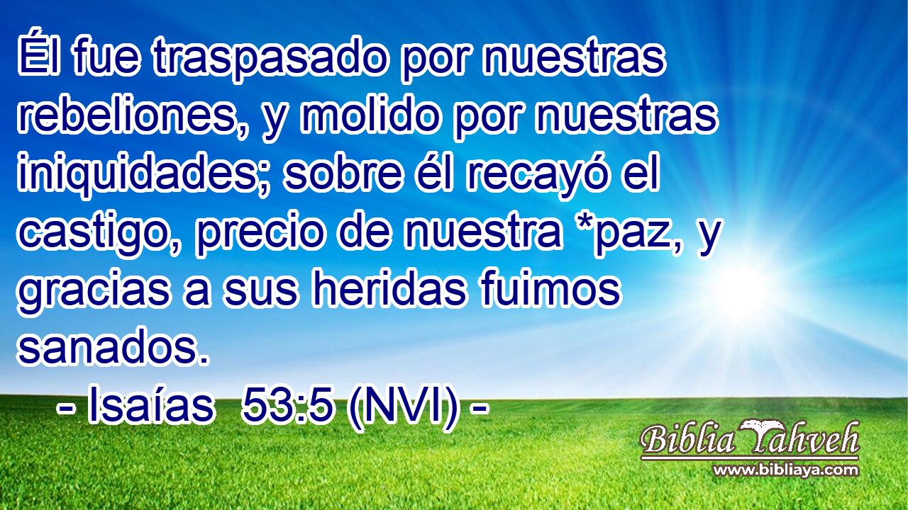  Él fue traspasado por nuestras rebeliones, y molido por nuestras iniquidades; sobre él recayó el castigo, precio de nuestra *paz, y gracias a sus heridas fuimos sanados. 