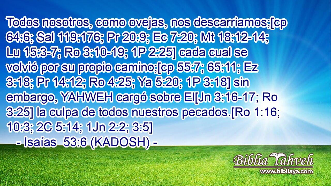  Todos nosotros, como ovejas, nos descarriamos;[cp 64:6; Sal 119:176; Pr 20:9; Ec 7:20; Mt 18:12-14; Lu 15:3-7; Ro 3:10-19; 1P 2:25] cada cual se volvió por su propio camino;[cp 55:7; 65:11; Ez 3:18; Pr 14:12; Ro 4:25; Ya 5:20; 1P 3:18] sin embargo, YAHWEH cargó sobre El[Jn 3:16-17; Ro 3:25] la culpa de todos nuestros pecados.[Ro 1:16; 10:3; 2C 5:14; 1Jn 2:2; 3:5] 