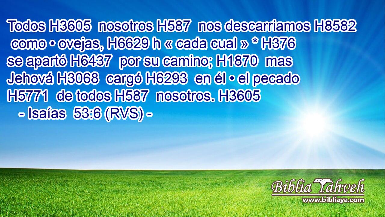 Todos H3605  nosotros H587  nos descarriamos H8582  como • ovejas, H6629 h « cada cual » * H376  se apartó H6437  por su camino; H1870  mas Jehová H3068  cargó H6293  en él • el pecado H5771  de todos H587  nosotros. H3605  