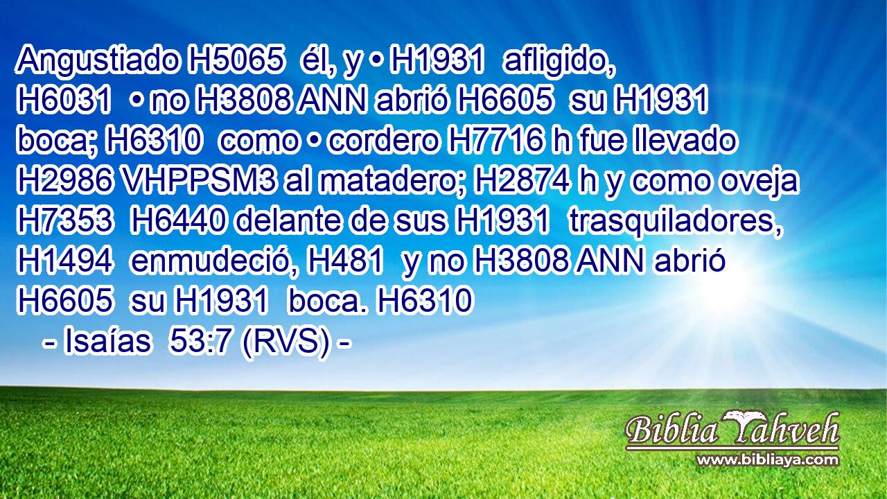 Angustiado H5065  él, y • H1931  afligido, H6031  • no H3808 ANN abrió H6605  su H1931  boca; H6310  como • cordero H7716 h fue llevado H2986 VHPPSM3 al matadero; H2874 h y como oveja H7353  H6440 delante de sus H1931  trasquiladores, H1494  enmudeció, H481  y no H3808 ANN abrió H6605  su H1931  boca. H6310  