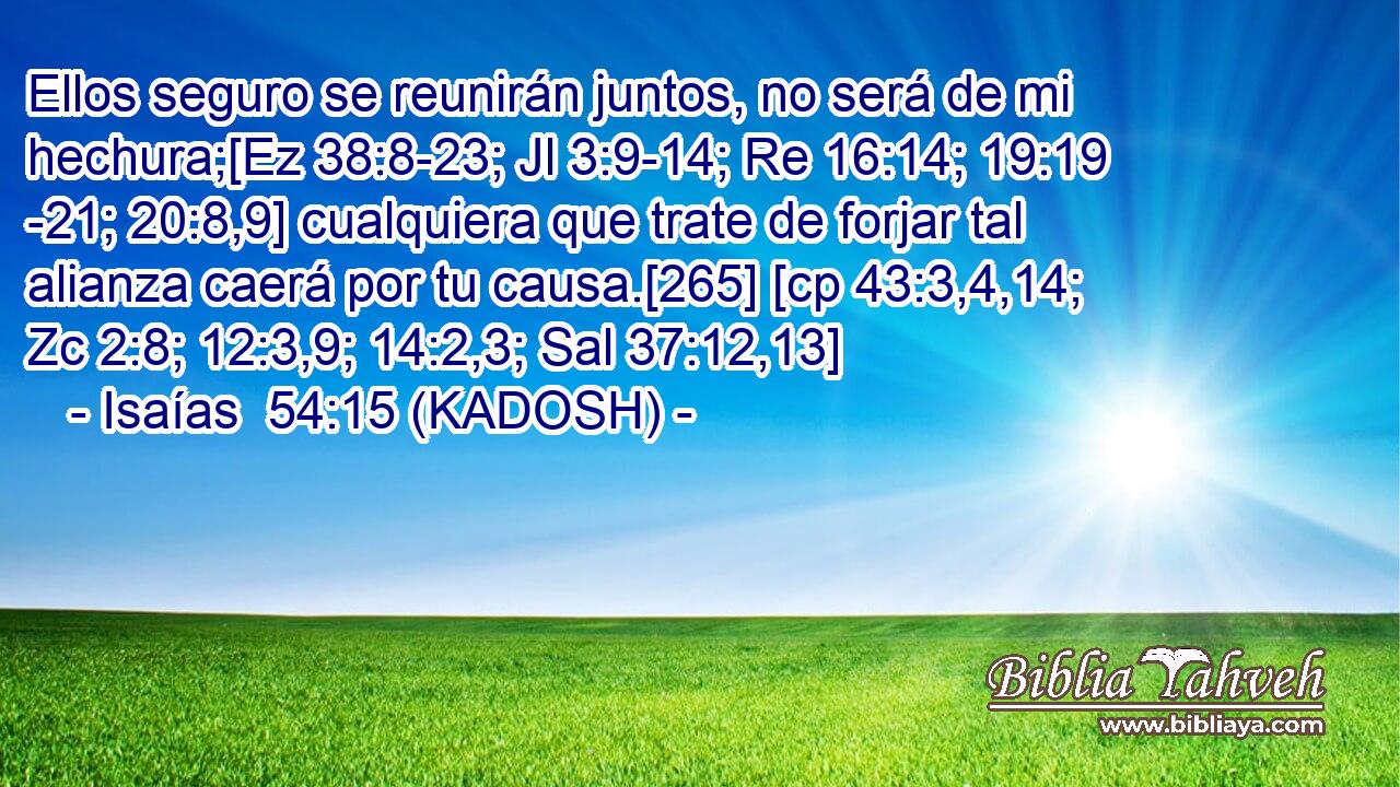  Ellos seguro se reunirán juntos, no será de mi hechura;[Ez 38:8-23; Jl 3:9-14; Re 16:14; 19:19 -21; 20:8,9] cualquiera que trate de forjar tal alianza caerá por tu causa.[265] [cp 43:3,4,14; Zc 2:8; 12:3,9; 14:2,3; Sal 37:12,13] 
