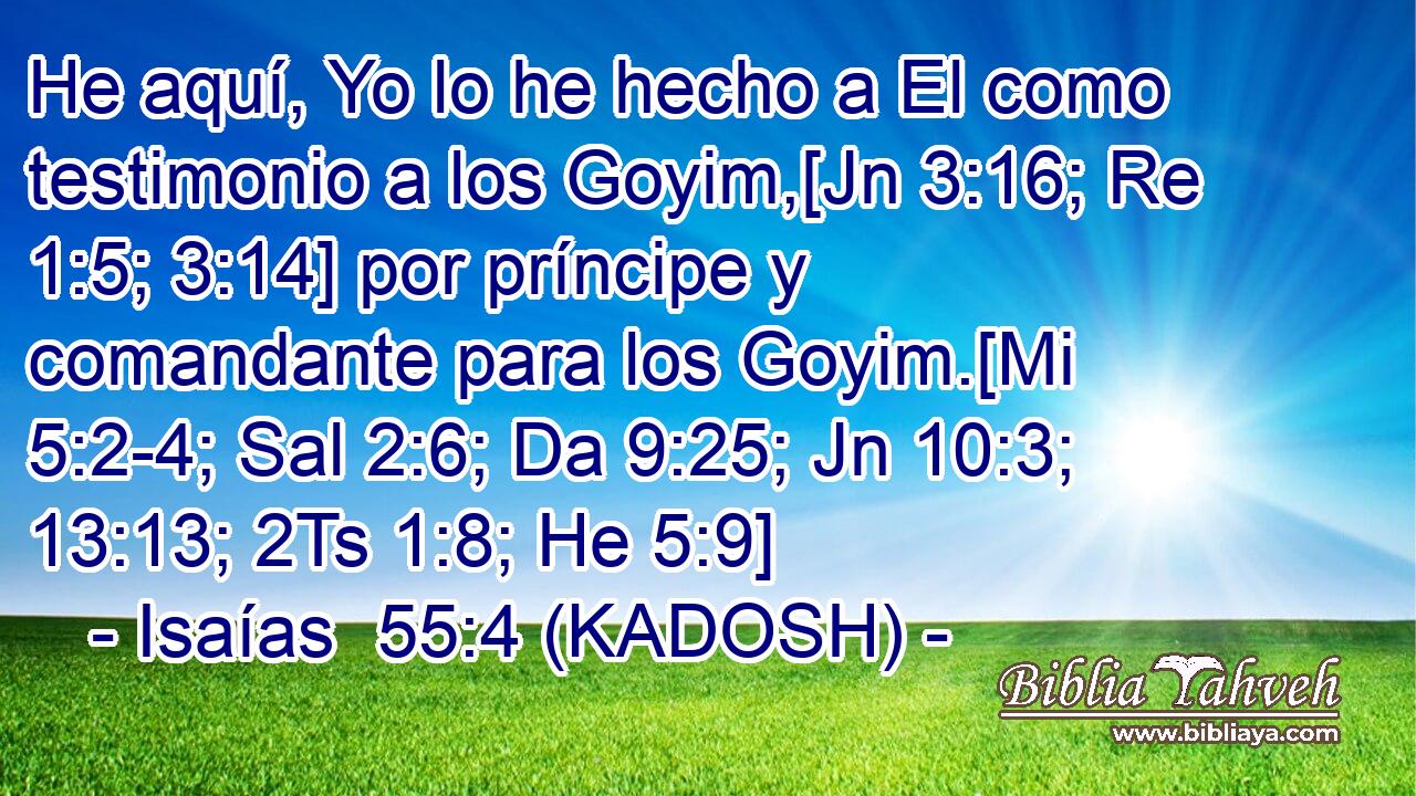  He aquí, Yo lo he hecho a El como testimonio a los Goyim,[Jn 3:16; Re 1:5; 3:14] por príncipe y comandante para los Goyim.[Mi 5:2-4; Sal 2:6; Da 9:25; Jn 10:3; 13:13; 2Ts 1:8; He 5:9] 