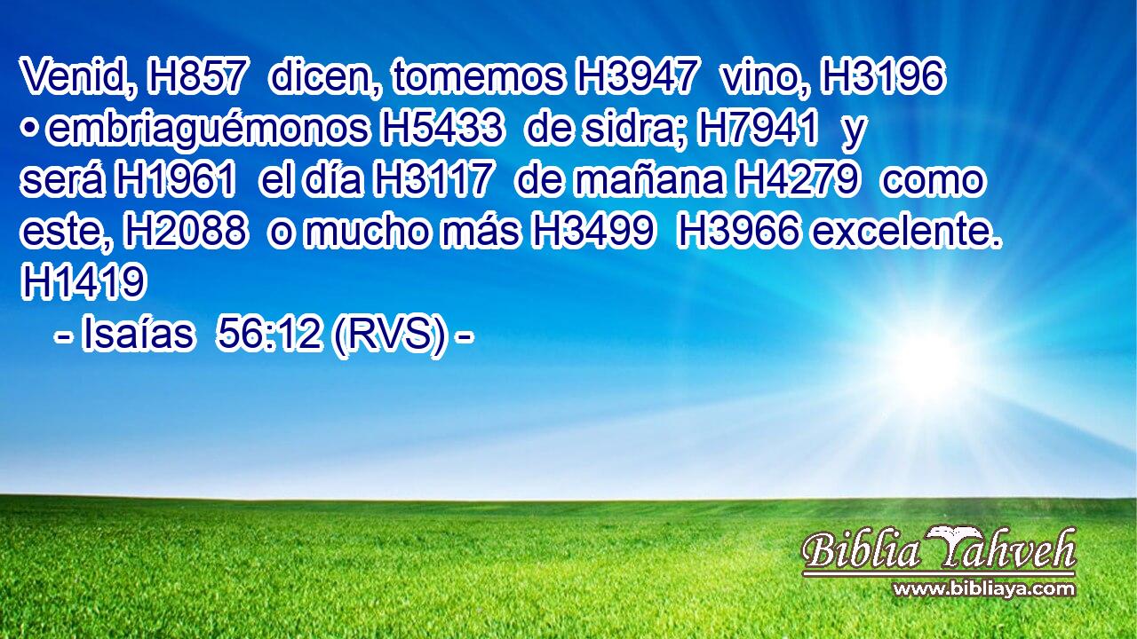 Venid, H857  dicen, tomemos H3947  vino, H3196  • embriaguémonos H5433  de sidra; H7941  y será H1961  el día H3117  de mañana H4279  como este, H2088  o mucho más H3499  H3966 excelente. H1419  