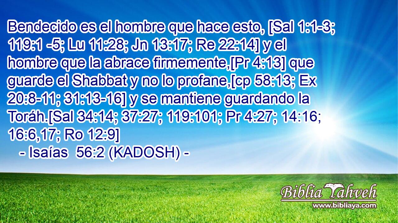  Bendecido es el hombre que hace esto, [Sal 1:1-3; 119:1 -5; Lu 11:28; Jn 13:17; Re 22:14] y el hombre que la abrace firmemente,[Pr 4:13] que guarde el Shabbat y no lo profane,[cp 58:13; Ex 20:8-11; 31:13-16] y se mantiene guardando la Toráh.[Sal 34:14; 37:27; 119:101; Pr 4:27; 14:16; 16:6,17; Ro 12:9] 