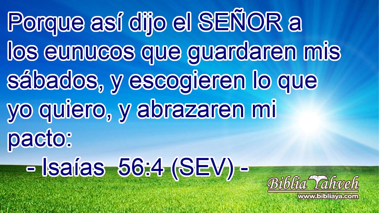 Porque así dijo el SEÑOR a los eunucos que guardaren mis sábados, y escogieren lo que yo quiero, y abrazaren mi pacto: