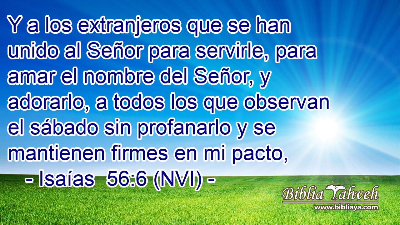  Y a los extranjeros que se han unido al Señor para servirle, para amar el nombre del Señor, y adorarlo, a todos los que observan el sábado sin profanarlo y se mantienen firmes en mi pacto, 