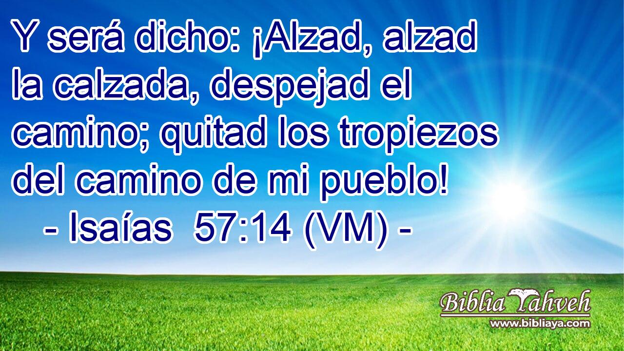  Y será dicho: ¡Alzad, alzad la calzada, despejad el camino; quitad los tropiezos del camino de mi pueblo! 
