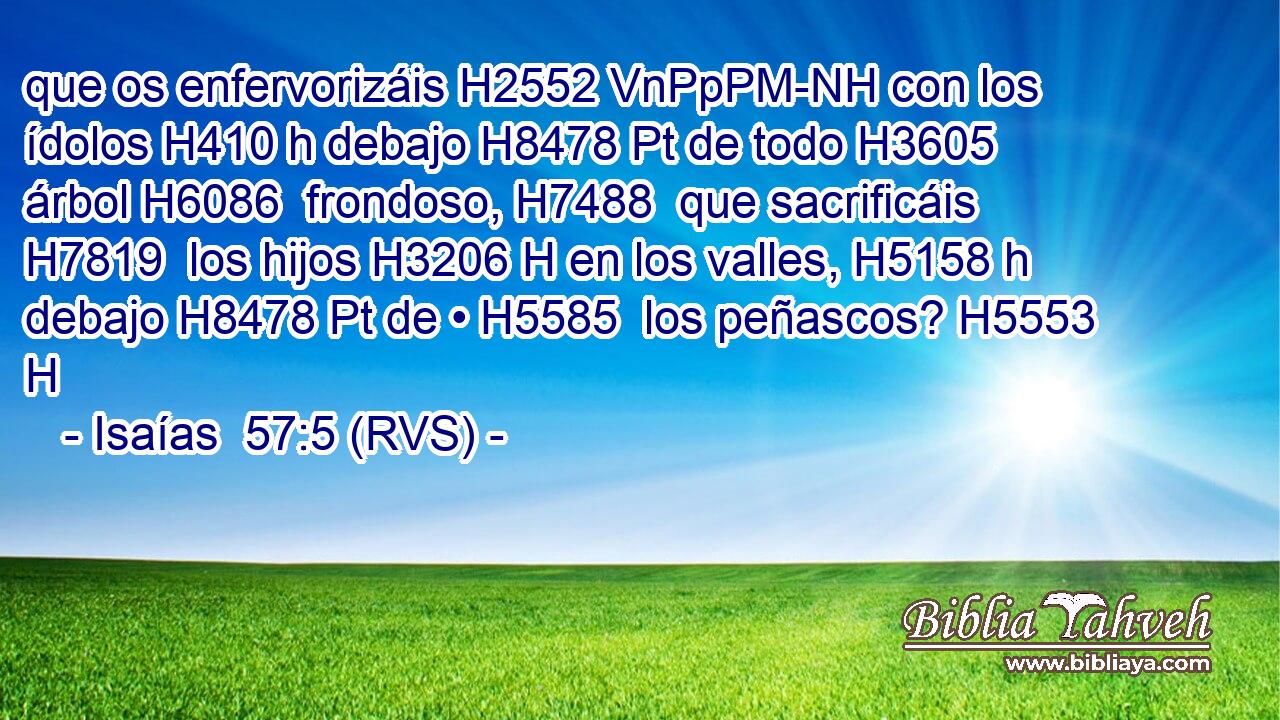 que os enfervorizáis H2552 VnPpPM-NH con los ídolos H410 h debajo H8478 Pt de todo H3605  árbol H6086  frondoso, H7488  que sacrificáis H7819  los hijos H3206 H en los valles, H5158 h debajo H8478 Pt de • H5585  los peñascos? H5553 H 