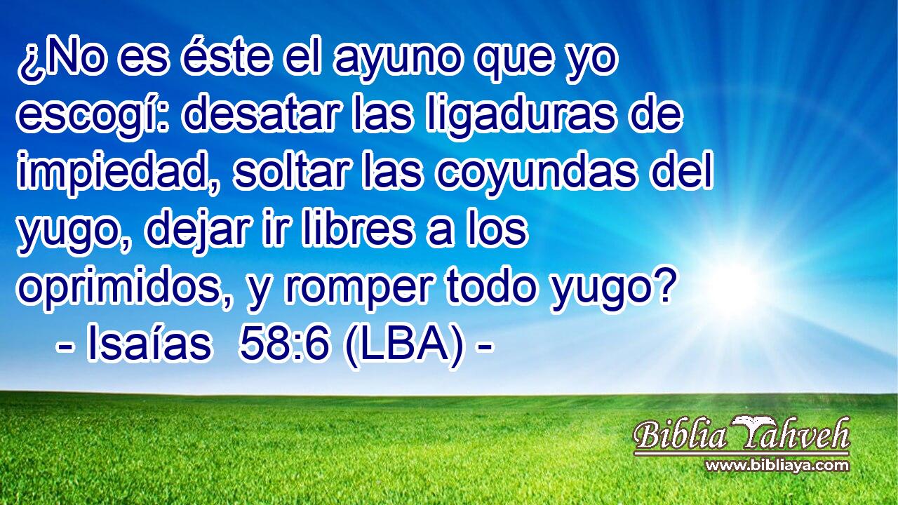 ¿No es éste el ayuno que yo escogí: desatar las ligaduras de impiedad, soltar las coyundas del yugo, dejar ir libres a los oprimidos, y romper todo yugo?