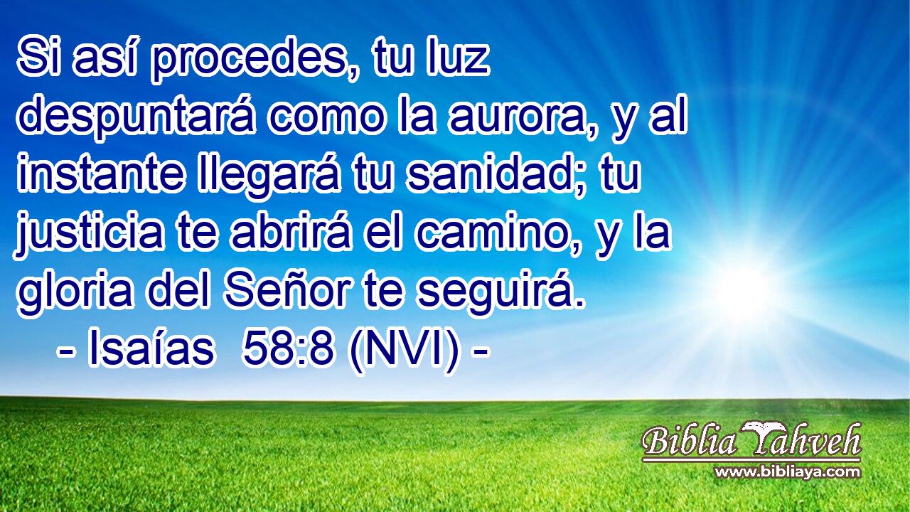  Si así procedes, tu luz despuntará como la aurora, y al instante llegará tu sanidad; tu justicia te abrirá el camino, y la gloria del Señor te seguirá. 