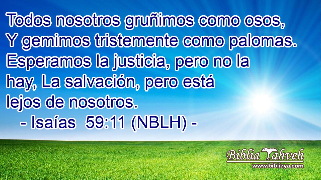  Todos nosotros gruñimos como osos, Y gemimos tristemente como palomas. Esperamos la justicia, pero no la hay, La salvación, pero está lejos de nosotros. 