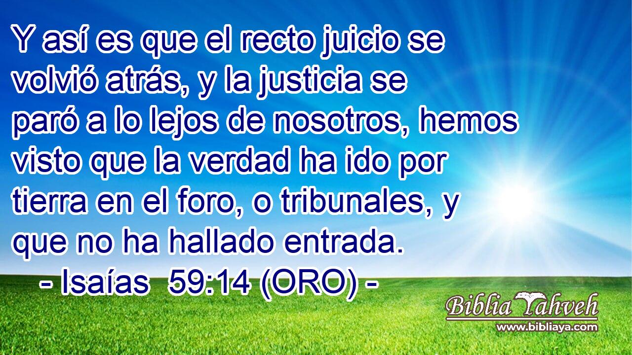  Y así es que el recto juicio se volvió atrás, y la justicia se paró a lo lejos de nosotros, hemos visto que la verdad ha ido por tierra en el foro, o tribunales, y que no ha hallado entrada. 