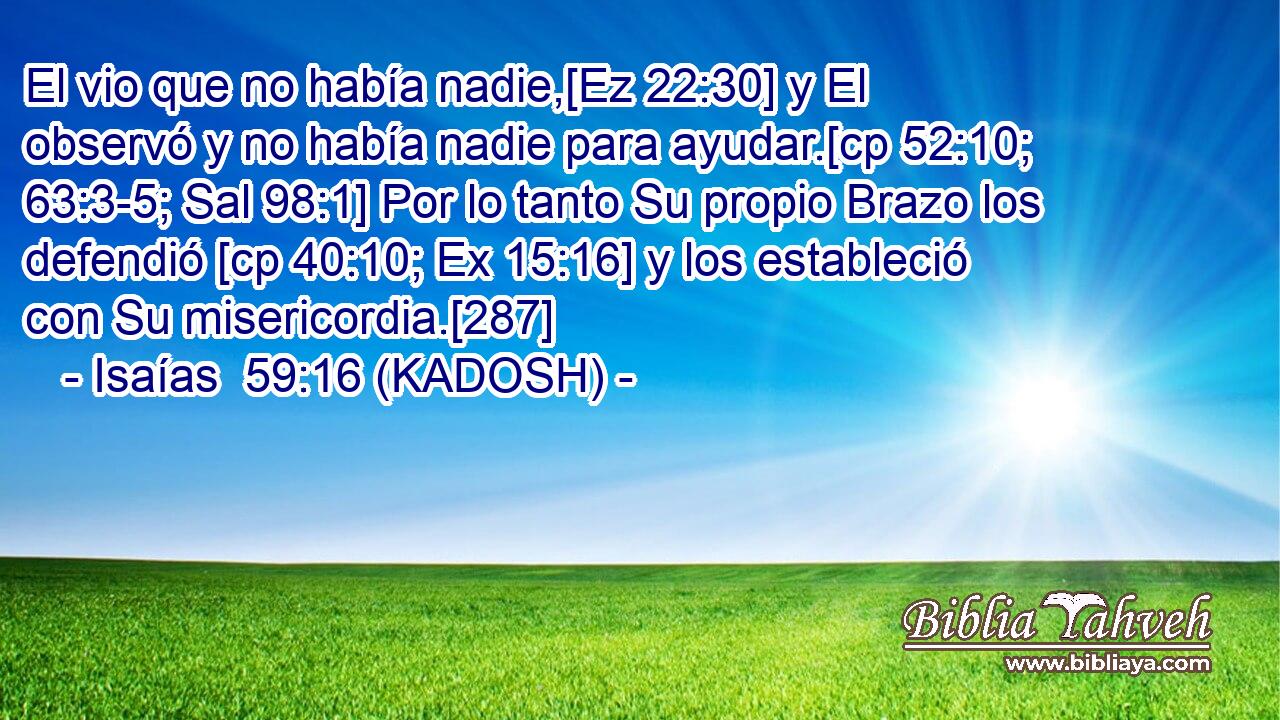 El vio que no había nadie,[Ez 22:30] y El observó y no había nadie para ayudar.[cp 52:10; 63:3-5; Sal 98:1] Por lo tanto Su propio Brazo los defendió [cp 40:10; Ex 15:16] y los estableció con Su misericordia.[287] 