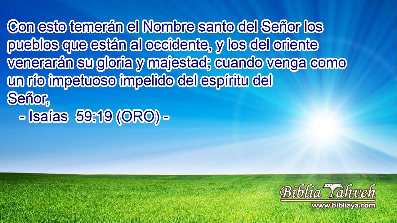  Con esto temerán el Nombre santo del Señor los pueblos que están al occidente, y los del oriente venerarán su gloria y majestad; cuando venga como un río impetuoso impelido del espíritu del Señor, 