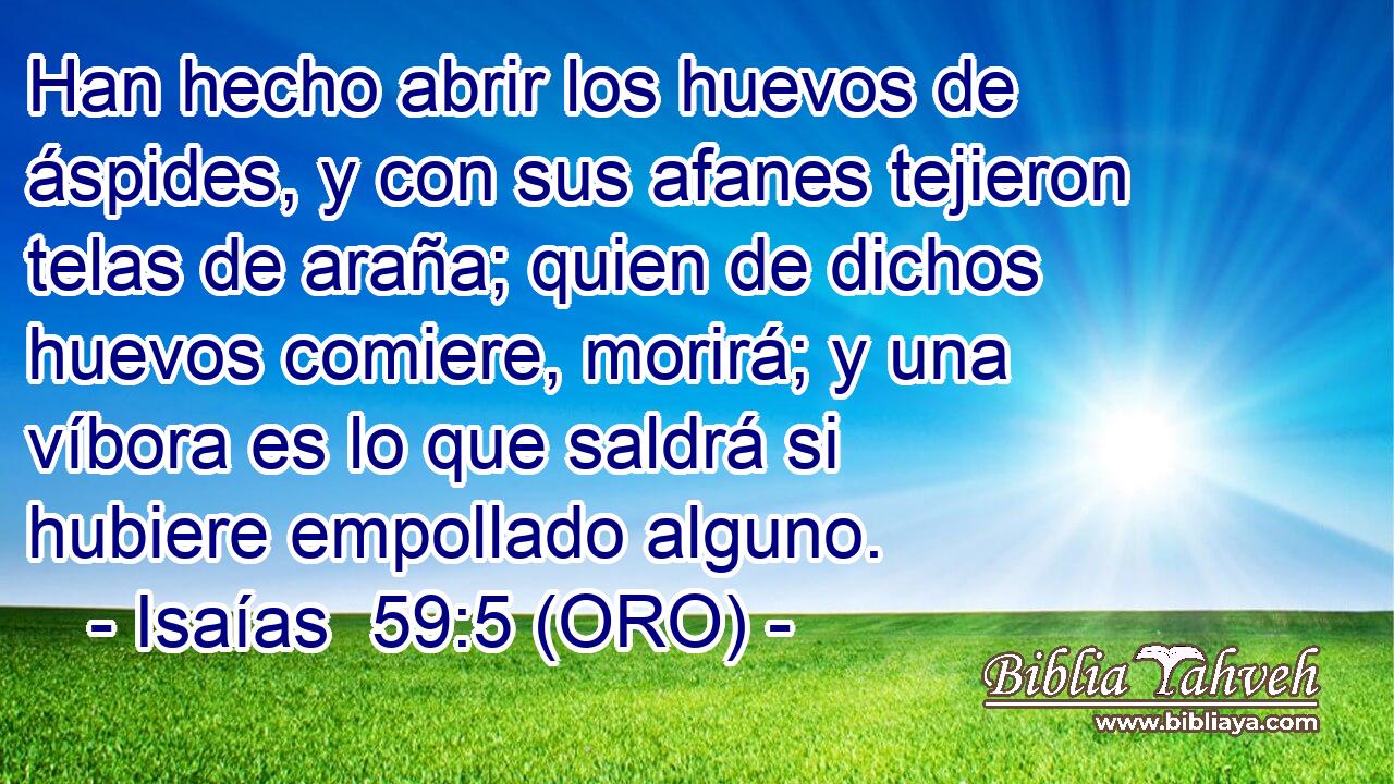  Han hecho abrir los huevos de áspides, y con sus afanes tejieron telas de araña; quien de dichos huevos comiere, morirá; y una víbora es lo que saldrá si hubiere empollado alguno. 