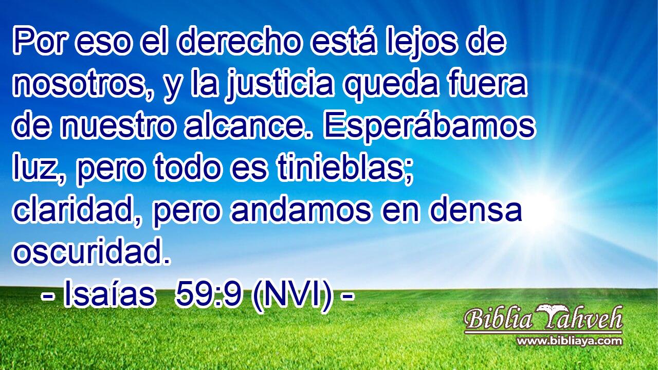  Por eso el derecho está lejos de nosotros, y la justicia queda fuera de nuestro alcance. Esperábamos luz, pero todo es tinieblas; claridad, pero andamos en densa oscuridad. 