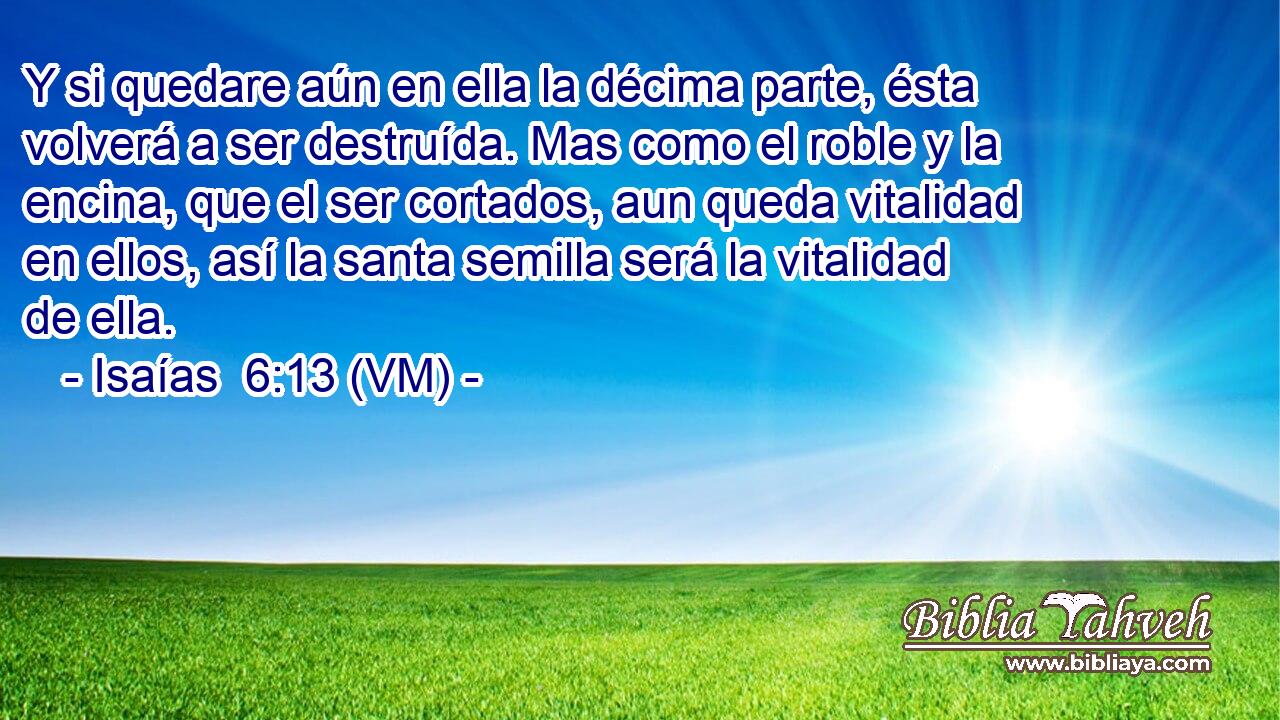  Y si quedare aún en ella la décima parte, ésta volverá a ser destruída. Mas como el roble y la encina, que el ser cortados, aun queda vitalidad en ellos, así la santa semilla será la vitalidad de ella. 