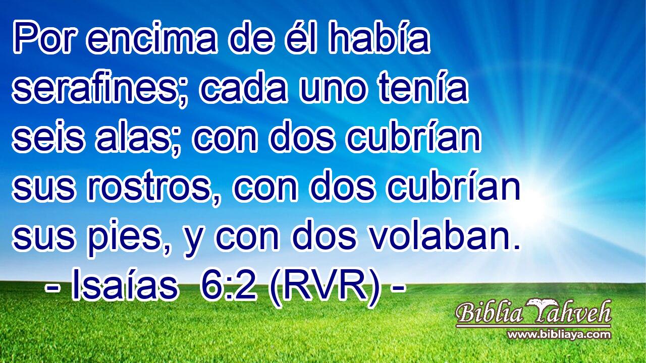 Por encima de él había serafines; cada uno tenía seis alas; con dos cubrían sus rostros, con dos cubrían sus pies, y con dos volaban.