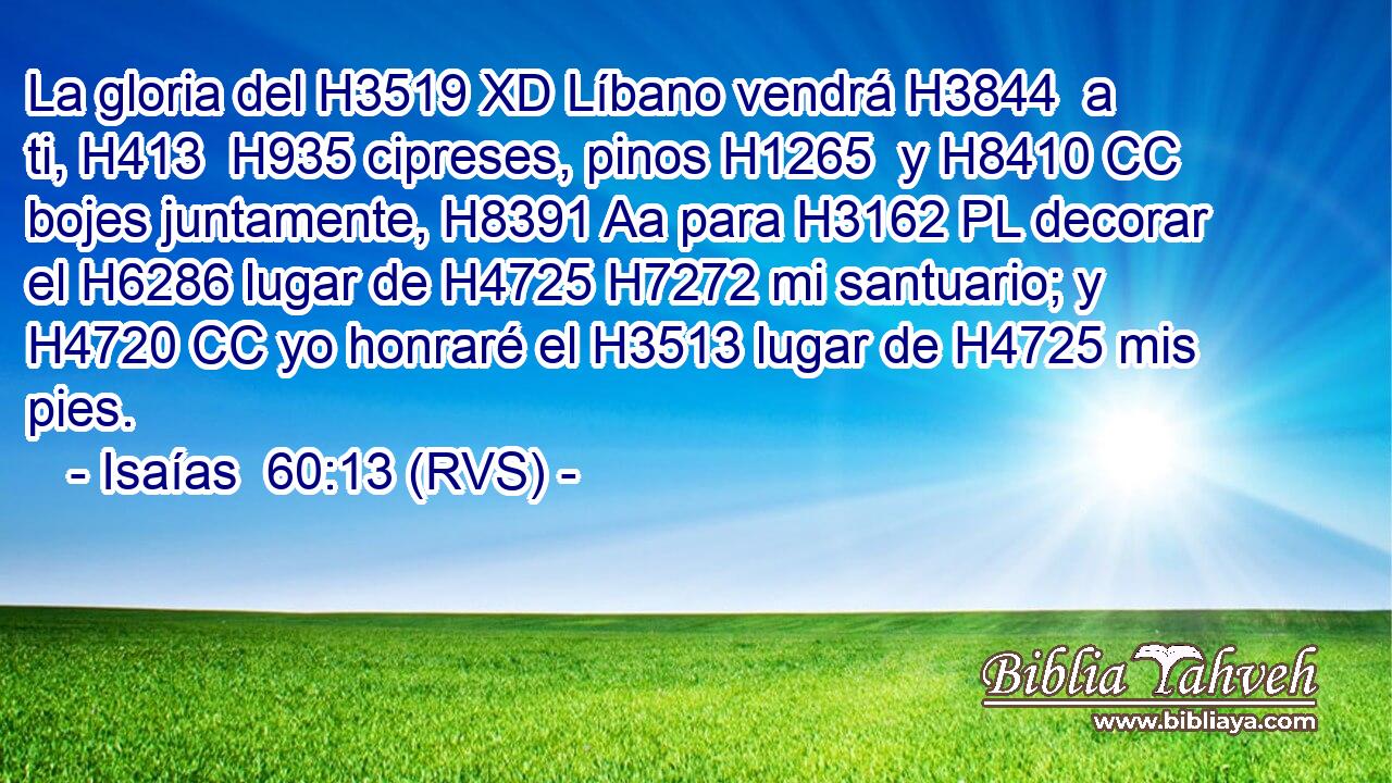 La gloria del H3519 XD Líbano vendrá H3844  a ti, H413  H935 cipreses, pinos H1265  y H8410 CC bojes juntamente, H8391 Aa para H3162 PL decorar el H6286 lugar de H4725 H7272 mi santuario; y H4720 CC yo honraré el H3513 lugar de H4725 mis pies. 