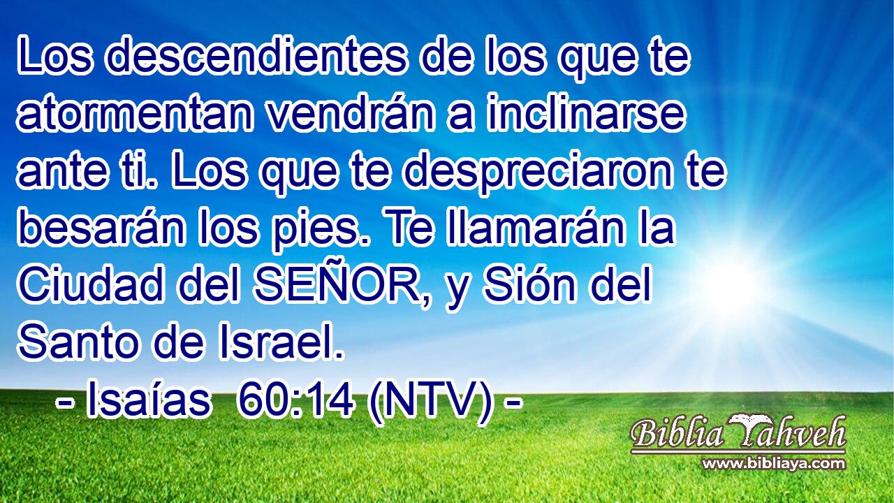 Los descendientes de los que te atormentan vendrán a inclinarse ante ti. Los que te despreciaron te besarán los pies. Te llamarán la Ciudad del SEÑOR, y Sión del Santo de Israel.