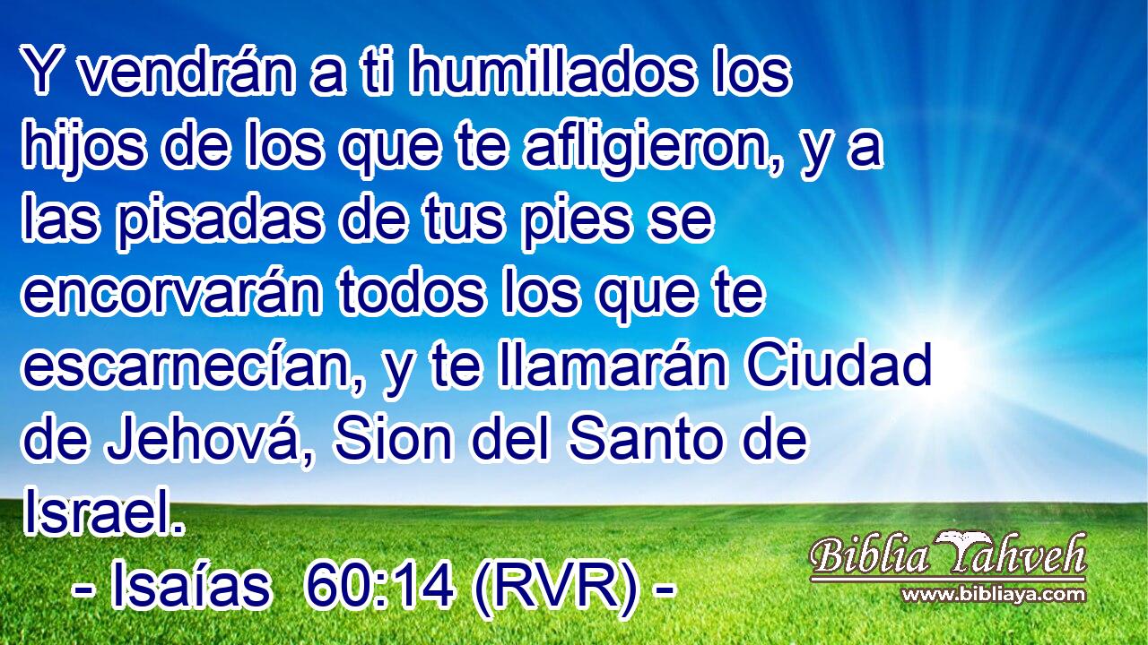 Y vendrán a ti humillados los hijos de los que te afligieron, y a las pisadas de tus pies se encorvarán todos los que te escarnecían, y te llamarán Ciudad de Jehová, Sion del Santo de Israel.