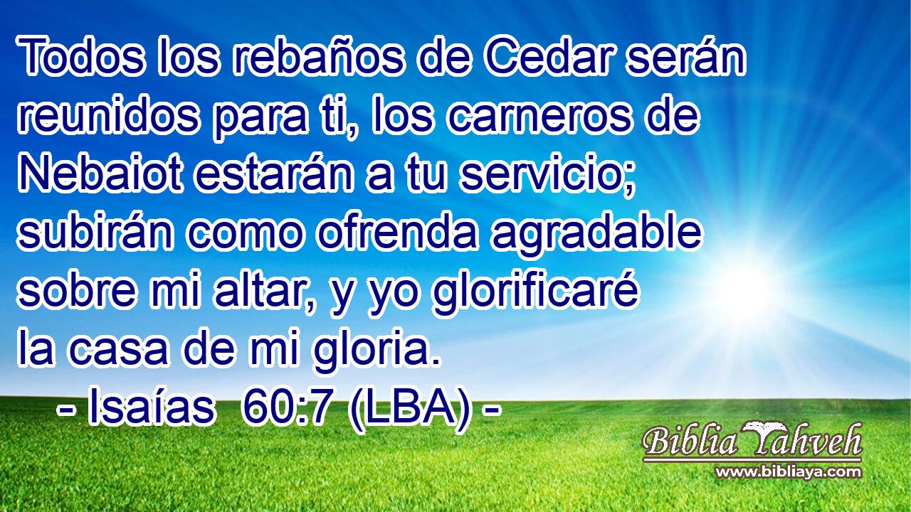 Todos los rebaños de Cedar serán reunidos para ti, los carneros de Nebaiot estarán a tu servicio; subirán como ofrenda agradable sobre mi altar, y yo glorificaré la casa de mi gloria.