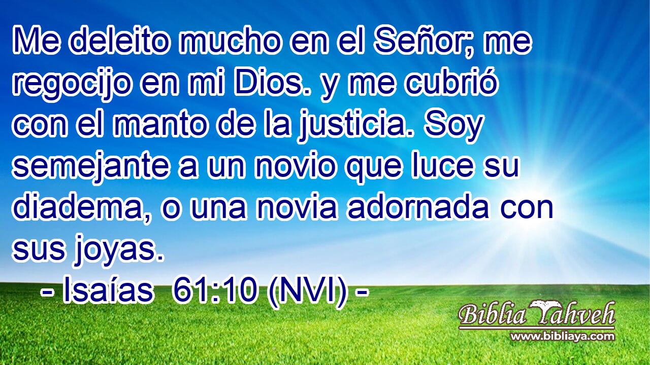  Me deleito mucho en el Señor; me regocijo en mi Dios. y me cubrió con el manto de la justicia. Soy semejante a un novio que luce su diadema, o una novia adornada con sus joyas. 