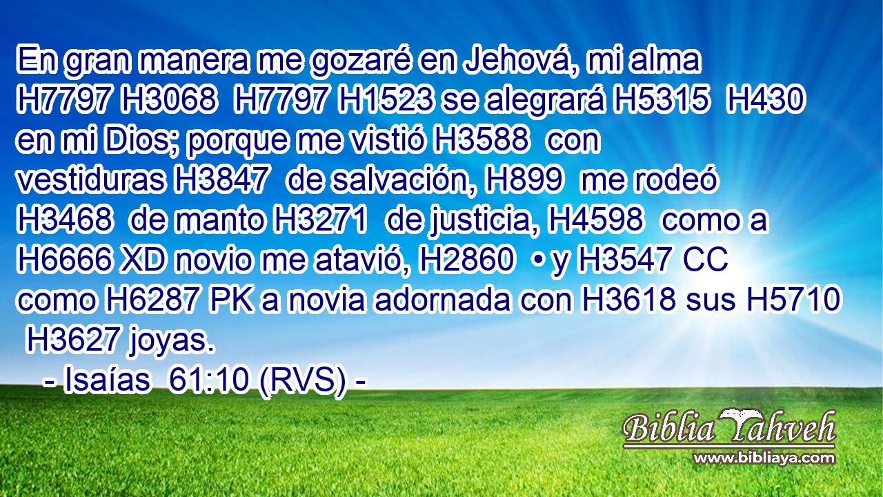 En gran manera me gozaré en Jehová, mi alma H7797 H3068  H7797 H1523 se alegrará H5315  H430 en mi Dios; porque me vistió H3588  con vestiduras H3847  de salvación, H899  me rodeó H3468  de manto H3271  de justicia, H4598  como a H6666 XD novio me atavió, H2860  • y H3547 CC como H6287 PK a novia adornada con H3618 sus H5710  H3627 joyas. 