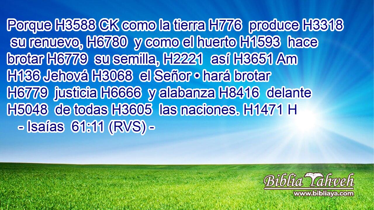 Porque H3588 CK como la tierra H776  produce H3318  su renuevo, H6780  y como el huerto H1593  hace brotar H6779  su semilla, H2221  así H3651 Am H136 Jehová H3068  el Señor • hará brotar H6779  justicia H6666  y alabanza H8416  delante H5048  de todas H3605  las naciones. H1471 H 