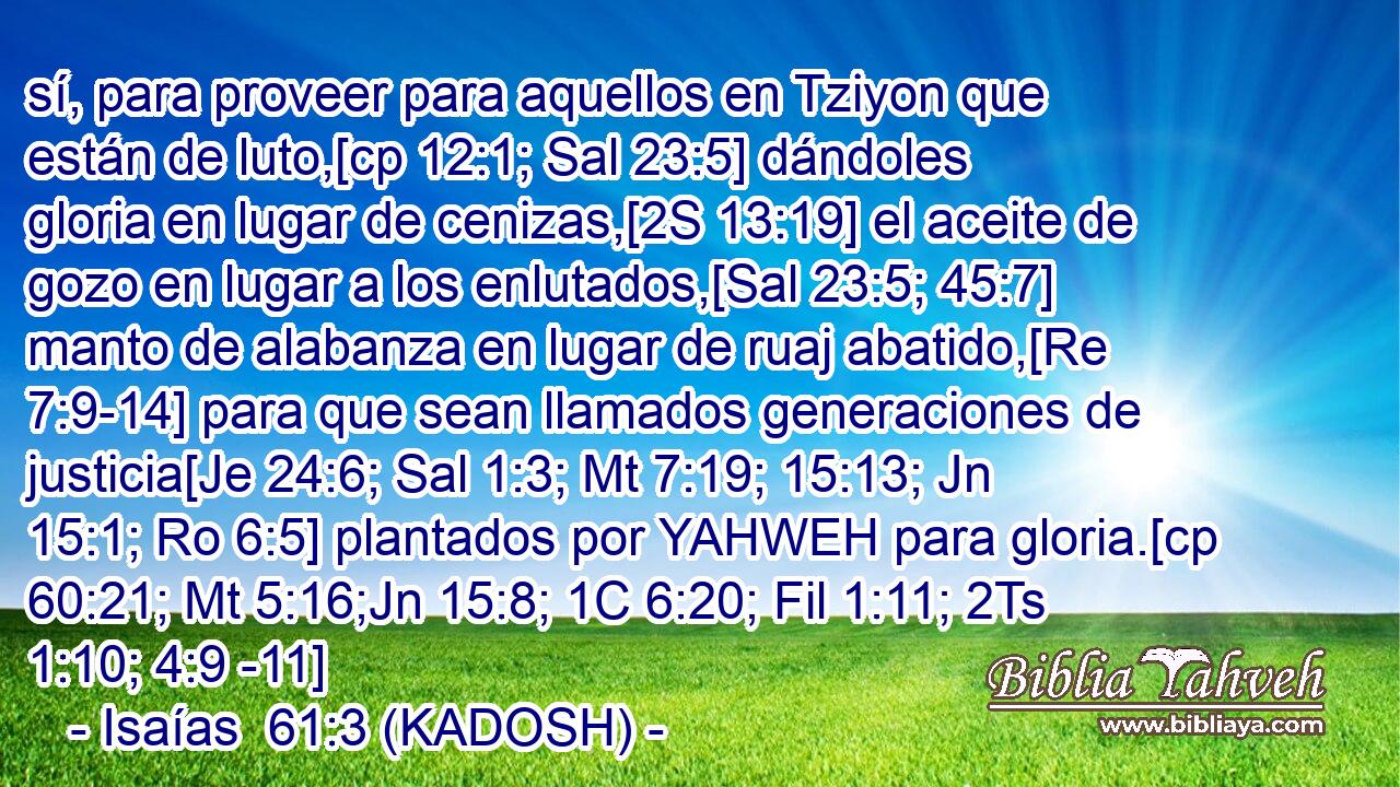  sí, para proveer para aquellos en Tziyon que están de luto,[cp 12:1; Sal 23:5] dándoles gloria en lugar de cenizas,[2S 13:19] el aceite de gozo en lugar a los enlutados,[Sal 23:5; 45:7] manto de alabanza en lugar de ruaj abatido,[Re 7:9-14] para que sean llamados generaciones de justicia[Je 24:6; Sal 1:3; Mt 7:19; 15:13; Jn 15:1; Ro 6:5] plantados por YAHWEH para gloria.[cp 60:21; Mt 5:16;Jn 15:8; 1C 6:20; Fil 1:11; 2Ts 1:10; 4:9 -11] 