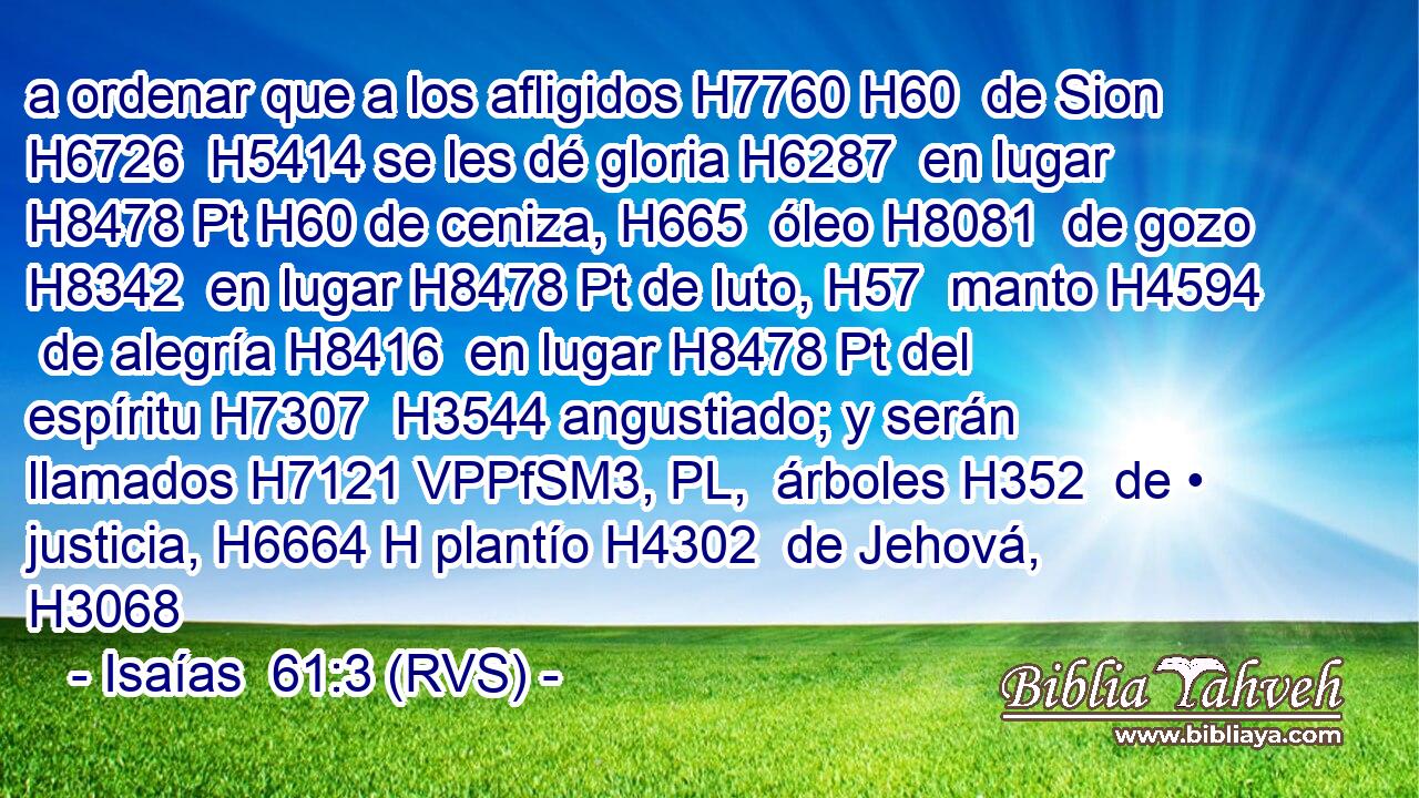 a ordenar que a los afligidos H7760 H60  de Sion H6726  H5414 se les dé gloria H6287  en lugar H8478 Pt H60 de ceniza, H665  óleo H8081  de gozo H8342  en lugar H8478 Pt de luto, H57  manto H4594  de alegría H8416  en lugar H8478 Pt del espíritu H7307  H3544 angustiado; y serán llamados H7121 VPPfSM3, PL,  árboles H352  de • justicia, H6664 H plantío H4302  de Jehová, H3068  