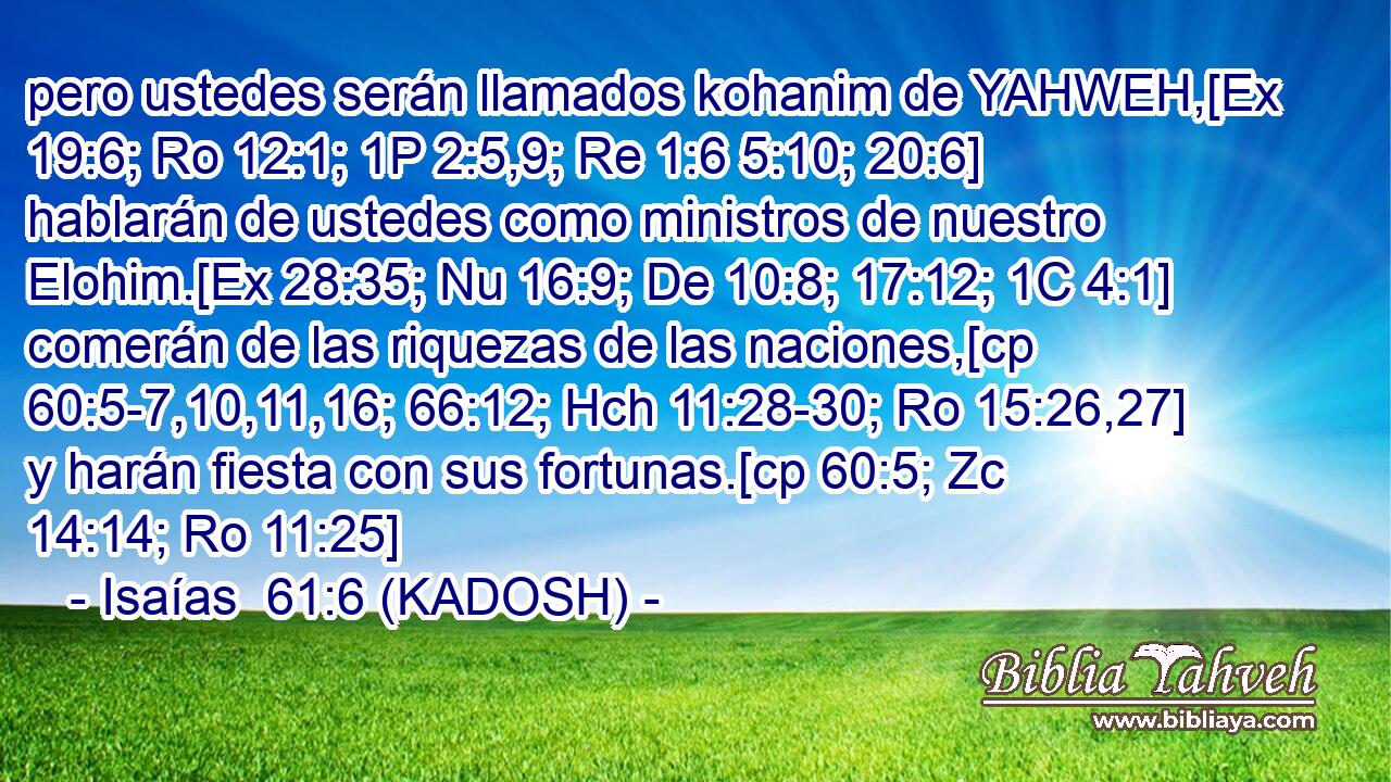 pero ustedes serán llamados kohanim de YAHWEH,[Ex 19:6; Ro 12:1; 1P 2:5,9; Re 1:6 5:10; 20:6] hablarán de ustedes como ministros de nuestro Elohim.[Ex 28:35; Nu 16:9; De 10:8; 17:12; 1C 4:1] comerán de las riquezas de las naciones,[cp 60:5-7,10,11,16; 66:12; Hch 11:28-30; Ro 15:26,27] y harán fiesta con sus fortunas.[cp 60:5; Zc 14:14; Ro 11:25] 
