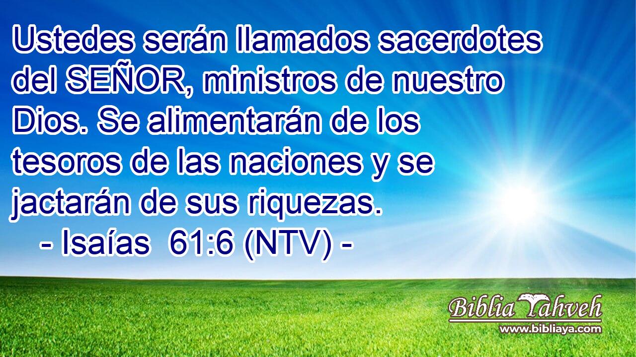 Ustedes serán llamados sacerdotes del SEÑOR, ministros de nuestro Dios. Se alimentarán de los tesoros de las naciones y se jactarán de sus riquezas.