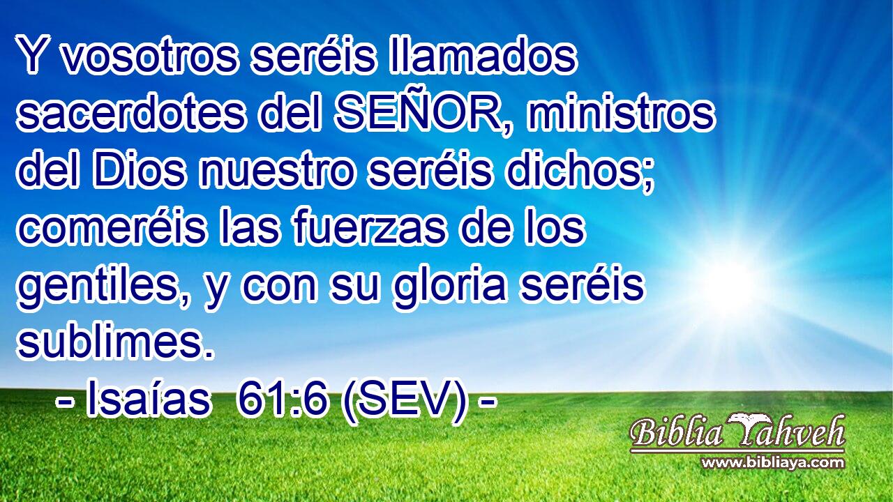 Y vosotros seréis llamados sacerdotes del SEÑOR, ministros del Dios nuestro seréis dichos; comeréis las fuerzas de los gentiles, y con su gloria seréis sublimes.