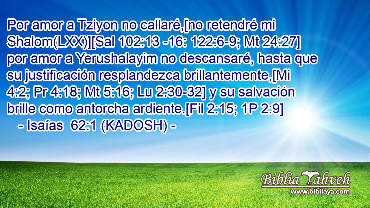  Por amor a Tziyon no callaré,[no retendré mi Shalom(LXX)][Sal 102:13 -16: 122:6-9; Mt 24:27] por amor a Yerushalayim no descansaré, hasta que su justificación resplandezca brillantemente,[Mi 4:2; Pr 4:18; Mt 5:16; Lu 2:30-32] y su salvación brille como antorcha ardiente.[Fil 2:15; 1P 2:9] 