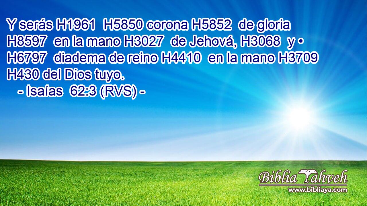 Y serás H1961  H5850 corona H5852  de gloria H8597  en la mano H3027  de Jehová, H3068  y • H6797  diadema de reino H4410  en la mano H3709  H430 del Dios tuyo. 