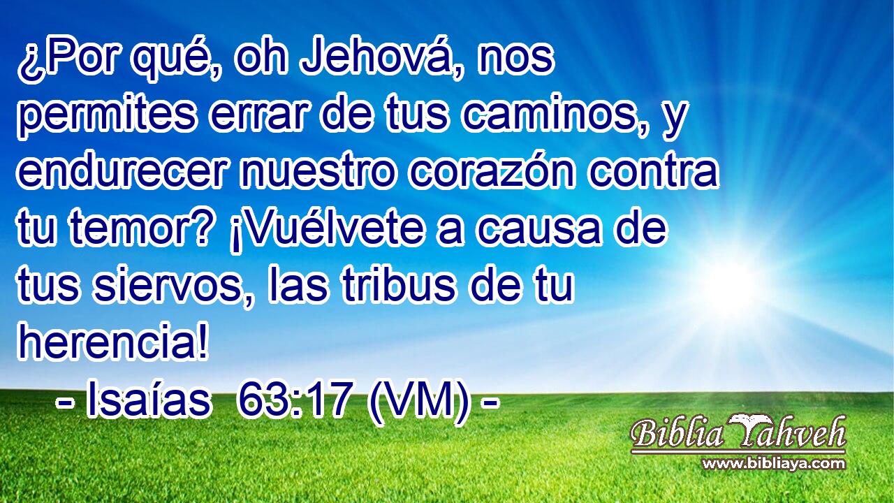  ¿Por qué, oh Jehová, nos permites errar de tus caminos, y endurecer nuestro corazón contra tu temor? ¡Vuélvete a causa de tus siervos, las tribus de tu herencia! 