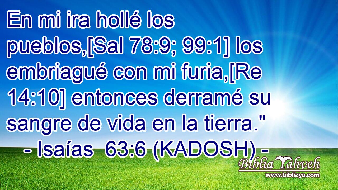  En mi ira hollé los pueblos,[Sal 78:9; 99:1] los embriagué con mi furia,[Re 14:10] entonces derramé su sangre de vida en la tierra.