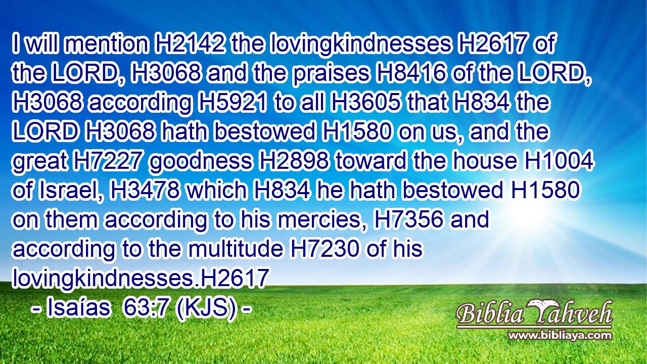 I will mention H2142 the lovingkindnesses H2617 of the LORD, H3068 and the praises H8416 of the LORD, H3068 according H5921 to all H3605 that H834 the LORD H3068 hath bestowed H1580 on us, and the great H7227 goodness H2898 toward the house H1004 of Israel, H3478 which H834 he hath bestowed H1580 on them according to his mercies, H7356 and according to the multitude H7230 of his lovingkindnesses.H2617