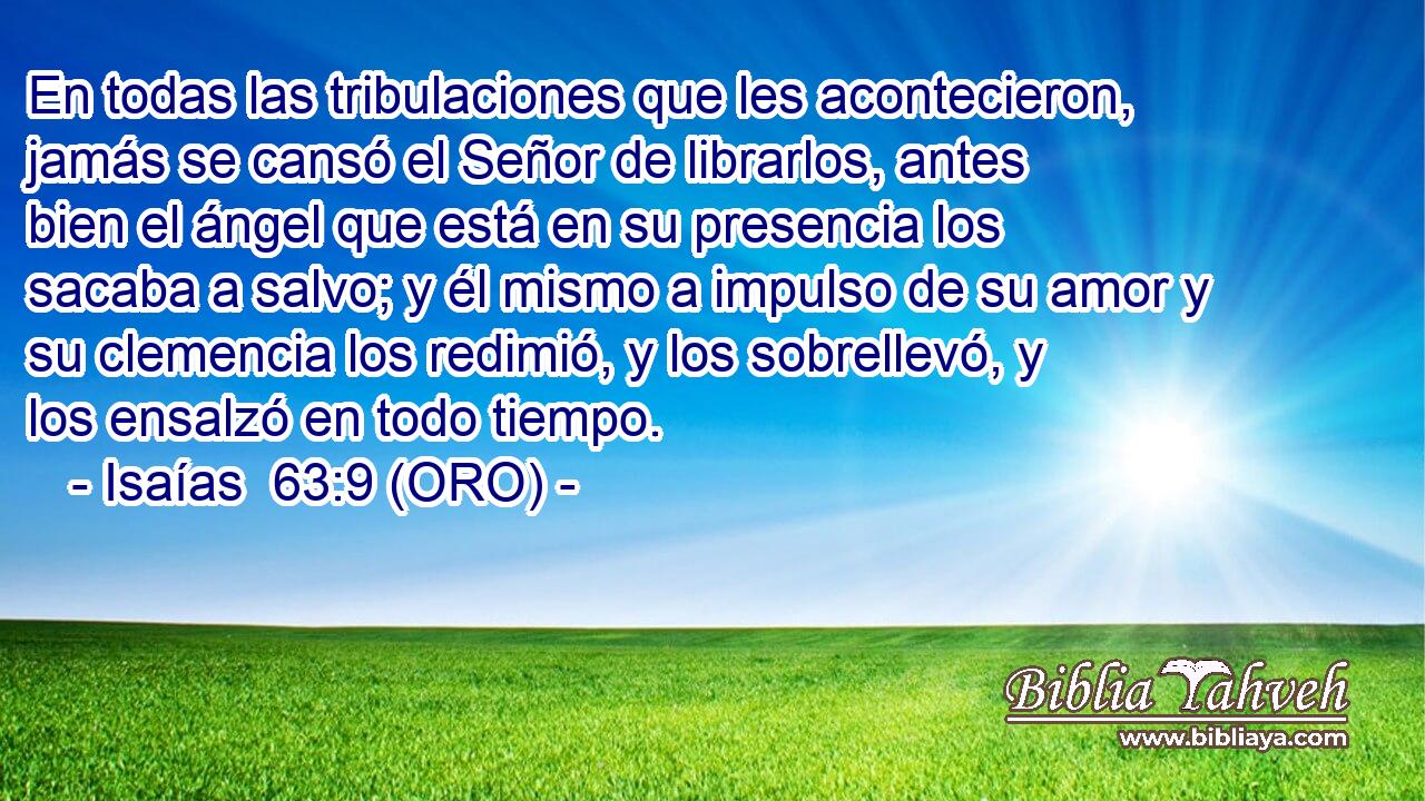  En todas las tribulaciones que les acontecieron, jamás se cansó el Señor de librarlos, antes bien el ángel que está en su presencia los sacaba a salvo; y él mismo a impulso de su amor y su clemencia los redimió, y los sobrellevó, y los ensalzó en todo tiempo. 