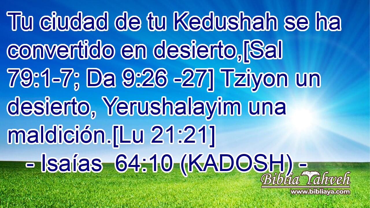  Tu ciudad de tu Kedushah se ha convertido en desierto,[Sal 79:1-7; Da 9:26 -27] Tziyon un desierto, Yerushalayim una maldición.[Lu 21:21] 