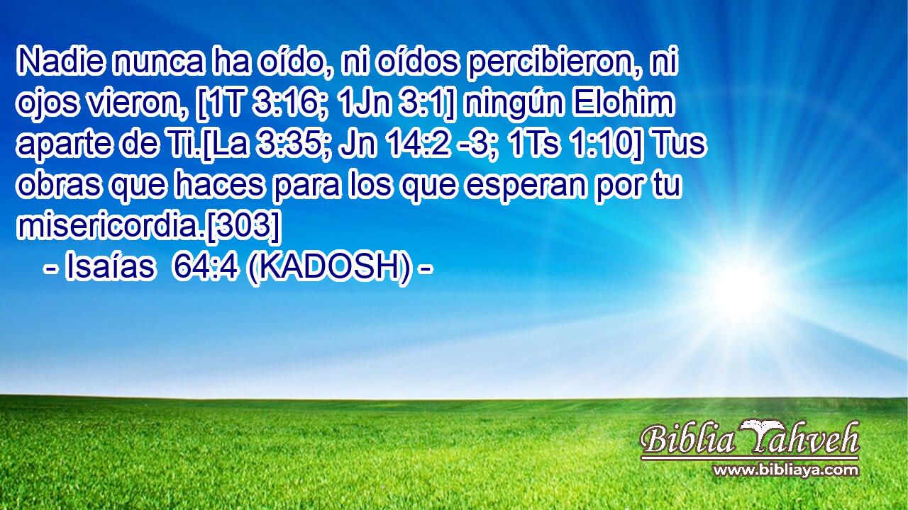  Nadie nunca ha oído, ni oídos percibieron, ni ojos vieron, [1T 3:16; 1Jn 3:1] ningún Elohim aparte de Ti.[La 3:35; Jn 14:2 -3; 1Ts 1:10] Tus obras que haces para los que esperan por tu misericordia.[303] 